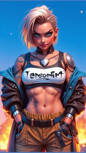 a woman with tattoos and a shirt that says TensorArt, deviantart artstation cgscosiety, trendin on artstation, alena aenami and artgerm, trending on artstation hd, trending on artstationhq, trending artstation, trending on artstation 4k, deviantart artstation, trending on artstation hq, as a character in tekken