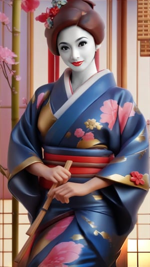 A close-up shot of a statue of a woman holding an intricately designed umbrella, reminiscent of Toyohara Kunichika's woodblock prints. The statue is set against a 3D ultra-detailed background, blending traditional Japanese aesthetics with pop elements. The woman's Onmyoji-inspired portrait glows softly under subtle lighting, her features rendered in exquisite detail. In the style of Koson Ohara, delicate folds of silk and lace adorn her kimono, while Itō Shinsui's influence is seen in the subtle, knowing smile playing on her lips. A geisha's beauty radiates from this portrait, capturing the essence of a mystical, otherworldly being.