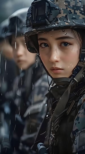 In the downpour-soaked cityscape, a pair of soldiers stand resolute in their drizzled attire. The one in the background, shrouded in misty ambiguity, bleeds into the grey-blue haze. In contrast, the foreground figure, her gaze steadfast and confident, shines with vibrant detail, rendered in the cinematic style of Guweiz. Cheng Yi's realistic digital mastery brings forth a mechanized soldier girl, her uniform a symphony of textures and colors, as she stands at attention amidst the rain-kissed urban landscape, her beauty illuminated by the soft glow of city lights. (4K/8K),Bomi