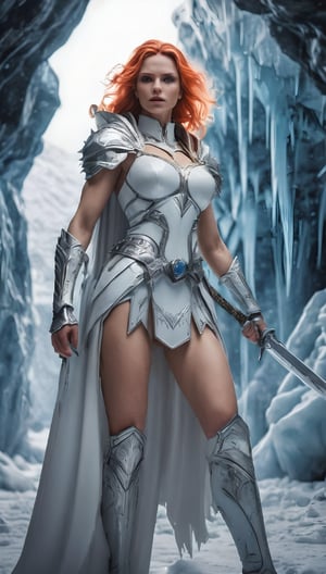 (masterpiece, 4K ,Super detailed:1.2), (3D anime), (Perfect quality), (anger),  (high contrast), (full body close up), (((Adult body))), The whole body is shown, View Viewer, Holding a giant wide blade sword, Adult women, tall, white hair, Full Body Art, Futuristic Knight, full plate diamond decorated armor, flowing white Cape, Perfect detail, 3D render, Desperate look, Ice Queen, Ultra violent women, Powerfully And Muscular, against a Ice Cave with blizzard background