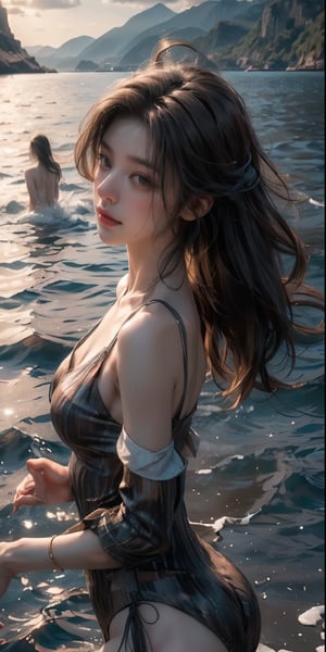 ((masterpiece, highest quality, Highest image quality, High resolution, photorealistic, Raw photo, 8K)), People Dancing on the Sea Surface, In Dynamic Pose, Beautiful profile of a woman, Ripples spreading across the surface of the water, Angle from above,