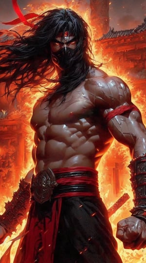 A fiery inferno crackles in the background as Liu Kang, the iconic Mortal Kombat warrior, stands tall with a sword held firmly in front of the flames. His chiseled features and piercing gaze exude confidence, his rugged physique honed from countless battles. Inspired by the mighty Conan the Barbarian, this illustration brings together the powerful warrior's unyielding spirit and the Persian warrior's regal presence.