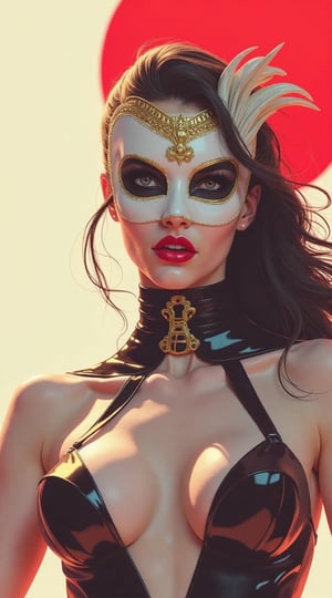 A sultry female phantom, veiled in a sleek black jumpsuit, dons a resplendent Venetian mask adorned with gilded trims. The fiery red sun behind her casts an ominous glow, as she strikes a dynamic pose, one leg bent and the other extended, amidst a backdrop of smoldering chaos. The high-contrast digital artwork is rendered in razor-sharp detail, with each strand of hair, every fold of fabric, and each curve of her physique meticulously captured. Inspired by Mike Deodato's kinetic lines and Ryan Stegman's Lovecraftian horrors, this phantasmagoric vision is a mashup of Cthulhu's eldritch power and the Phantom's mysterious allure.