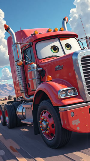 manga style digital artwork, close-up of Mack as a semi-truck in the movie CARS