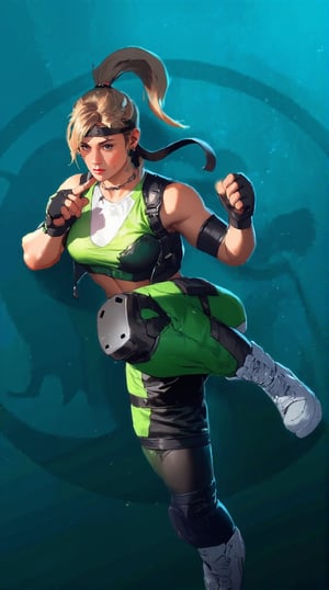 In a bold, neon-lit Niji style, Sonya Blade stands triumphant in a vibrant green top and black pants, her fighter's stance exuding confidence. Inspired by Cammy and Senna from League of Legends, Mortal Kombat's iconic heroine draws parallels with Loba Andrade from Apex Legends. The dynamic pose echoes those found in King of Fighters and Dead or Alive 6. Shokof's digital artistry brings this fanart to life, transporting viewers into a realm of high-octane action and electrifying visuals.