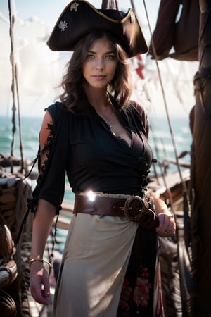 (8k, RAW photo, photorealistic:1.25), (highly detailed Caucasian skin:1.2), (1girl, solo, long hair, looking at viewer, blue eyes, revealing pirate dress, upper body, red bandan with hibicus floral pattern, tan curly hair, wear a tan worn-off tricorn pirate hat with golden trim at the edge, no sleeves, thick belt with silver skull decorated, retro artstyle), huge_boobs, absolute_cleavage, holding a sharp sabre in hands in fighting stance, A close up of the person, well sunlit, pirate ship at back, ulzzang, ((looking at viewer)), she has muscular arms,sexypirate,ir_v3,Fire,GdClth,Dragon,girl,Pirate,leather