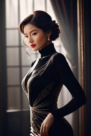 CG_v2, 24 years old lady,(best quality, 4k,8k, high resolution, masterpiece: 1.2), ultra detailed, black and white, elegant pose, feminine charm, (mysterious, attractive: 1.3) brown eyes and red lips, slim hourglass figure, elegant curves, captivating beauty, artistic expression, dramatic lighting, contrast, fine details, implied sensuality, twisted silhouette, elegance, mood, fluid lines, high contrast, fine art, monochrome, contemporary, sophisticated, innovative, silhouette, visual poetry, creative composition, stunning visual effect, Unique Masterpiece, close-up, looking_at_viewer