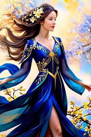 A captivating painting of an elegant English woman (alian_v1) in a dark blue gown adorned with intricate gold detailing and delicate floral patterns. Her loose, flowing hair is artfully intertwined with flowers that complement her attire. The background features a soft, muted color palette, creating a serene and ethereal atmosphere that further enhances the subject's grace. The artist masterfully captures the flow of the gown and the figure's posture, resulting in a striking fusion of artistic style and fashion design.,alian_v1,LegendDarkFantasy,cinematic style,Extremely Realistic