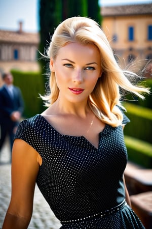 alian_v1, ((extremely realistic photo)), (professional photo), The image features a beautiful woman with blonde hair. She wears a black top and a skirt with small white dots. (The image is in black and white 50s style), ((ultra sharp focus)), (realistic textures and skin:1.1), aesthetic. masterpiece, pure perfection, high definition ((best quality, masterpiece, detailed)), ultra high resolution, hdr, art, high detail, add more detail, (extreme and intricate details), ((raw photo, 64k:1.37)), ((sharp focus:1.2)), (muted colors, dim colors, soothing tones ), siena natural ratio, ((more detail xl)),more detail XL,detailmaster2,Enhanced All,photo r3al,masterpiece,photo r3al,Masterpiece