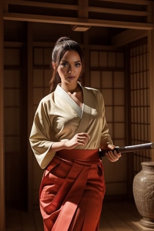 masterpiece, best quality, ultra realistic illustration, 16K, (HDR), high resolution, female_solo, slender hot body proportion, looking at viewer, big eyes, beautiful korean girl, 1 female samurai , holding sword katana+battoujutsu, (wearing highly detailed red haori+hakama skirt), full-body shot, (white long hair:1.0), (green eyes:1.0), highly detailed background of ancient Japan architecture, add More Detail,Enhance,chinatsumura,MM_v1,photorealistic