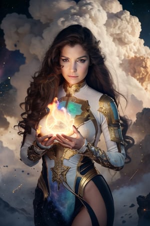 Nebula sorceress A woman with eyes that glow like dying stars, her hands wreathed in nebulous clouds, casting spells that shape the very fabric of space and time,ir_v3, (Front viewing), long sliver hair,glowing gold,ale_v1