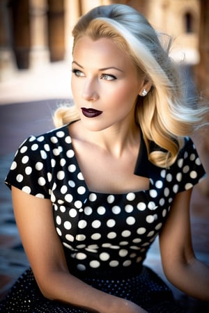 ((extremely realistic photo)), (professional photo), The image features a beautiful woman with blonde hair and black lipstick sits with her hands in her lap. She wears a black top and a skirt with small white dots. (The image is in black and white 50s style), ((ultra sharp focus)), (realistic textures and skin:1.1), aesthetic. masterpiece, pure perfection, high definition ((best quality, masterpiece, detailed)), ultra high resolution, hdr, art, high detail, add more detail, (extreme and intricate details), ((raw photo, 64k:1.37)), ((sharp focus:1.2)), (muted colors, dim colors, soothing tones ), siena natural ratio, ((more detail xl)),more detail XL,detailmaster2,Enhanced All,photo r3al,masterpiece,photo r3al,Masterpiece,alian_v1