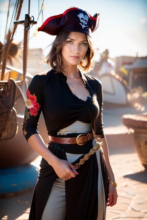(8k, RAW photo, photorealistic:1.25), (highly detailed Caucasian skin:1.2), (1girl, solo, short hair, looking at viewer, blue eyes, pirate dress, upper body, red bandan with hibicus floral pattern, tan curly hair, wear a tan worn-off tricorn pirate hat with golden trim at the edge, no sleeves, thick belt with silver skull decorated, juliet sleeves, retro artstyle), mild scar on the chin, holding a sharp sabre in hands in fighting stance, A close up of the person, well sunlit, pirate ship at back, ulzzang, ((looking at viewer)), she has muscular arms,sexypirate,ir_v3,Fire,GdClth,Dragon