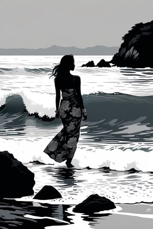 maya2, (((Iconic art illustration but extremely beautiful)))(((monochrome,grayscale,masterpiece))) (((Simple ocean background))) (((elegant,gorgeous,voluptuous))) (((rich emotional,black ink))) (((by Kim Jung Gi style)))