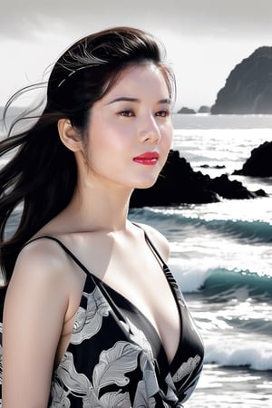 8k ultra high resolution, girl, maya2, (((Iconic art illustration but extremely beautiful))) (((monochrome,grayscale,masterpiece))) (((Simple ocean background))) (((elegant,gorgeous,voluptuous))) (((rich emotional,black ink))) (((by Kim Jung Gi style))), 
