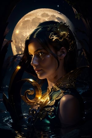 The beautiful Lunar Siren is a mystical and enchanting being with an undeniable connection to the moon. fantasy in the stiles of Stefan Koidl, brom, Giorgos Tsolis, existential residues dark shines surrealism, magical realism bizarre art, pop surrealism, whimsical art,(soft lighting on the face),ir_v3,glowing gold