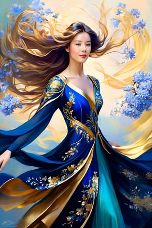 A captivating painting of an elegant English woman (alian_v1) in a dark blue gown adorned with intricate gold detailing and delicate floral patterns. Her loose, flowing hair is artfully intertwined with flowers that complement her attire. The background features a soft, muted color palette, creating a serene and ethereal atmosphere that further enhances the subject's grace. The artist masterfully captures the flow of the gown and the figure's posture, resulting in a striking fusion of artistic style and fashion design.,alian_v1,LegendDarkFantasy,cinematic style