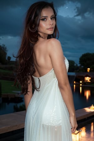1girl, (ultra realistic,best quality), Her skin is pale as moonlight, and her eyes, her silver long hair cascades down her back like a waterfall, glinting in the soft glow of a starlit sky. She wears a flowing translucent gown of sheer fabric that billows around her, a vivid shade of red, seem to shimmer with an inner light. giving her the appearance of a celestial being descended from the heavens,looking at viewer,tt_e7