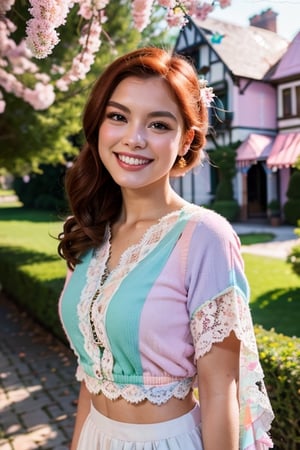 Beautiful 8K Ultra HD professional photos, Sharp focus, In a stunning fantasy world, Cute red-haired girl, A joyful smile, In bright natural light, springtime,(pastel colors:1.3), (lace) clothes, beautiful and aesthetic, Victorian mansion,MM_v2