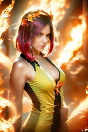 1girl, sexy, acid style, vivid yellow, blue, red, and orange fractal background, reflections, upper body shots, hands with accurate anatomy, look at viewer, flurry orange and pink hair, feathery carnival hair decor, clean hands,GdClth,MM_v1,realistic,ir_v3,Fire,GdClth