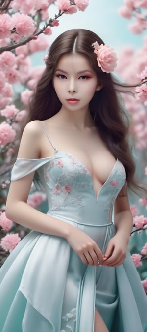 aesthetic portrait, (photo realistic:1.8), RAW, ((masterpiece, best quality)), (((best quality, 64K, high resolution, masterpiece: 1.3))), bokeh,1 Spanish woman, solo, 26 year old, ((((slim hourglass figure)))) (huge boobs:1.3), ((seductive pose:1.6)), hyper realistic, (((full_body:1.4) including feet, (perfect feet:1.4))), perfect anatomy, (RAW, Masterpiece, Best Quality, Photorealistic, HD, 8K), Porcelain girl with long hair, silk dress, white skin with heavy makeup, extremely ghostly white, floral background, candy color tones, soft, dreamlike, surrealism, intricate details, 3D rendering, octane rendering. Nicoletta Ceccoli style. By Monique Moro, (((perfect_eyes))), (((looking_at_viewer))), soft light, (((pastel color))),CoG_v2