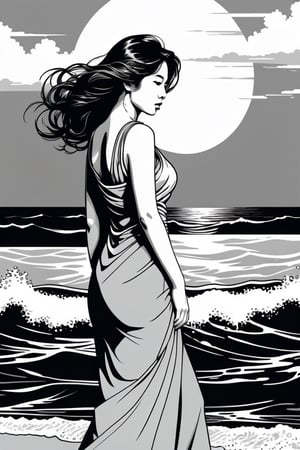 (((rich emotional,black ink))), maya2, (full body:1.3), (((Iconic art illustration but extremely beautiful))) (((monochrome,grayscale,masterpiece))) (((Simple ocean background))) (((elegant,gorgeous,voluptuous))) (((rich emotional,black ink))) (((by Kim Jung Gi style))), 