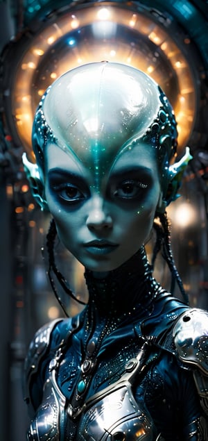 CG_v3, Upper body photo. 1 Girl. Surreal photo of an alien otherworldly being with silver metallic skin, bright eyes, and intricate clothing patterns. Perfect eyes, highly detailed beautiful expressive eyes, detailed eyes. Glowing orbs. Background is of an alien planet. Curved landscape. 35mm photograph, film, bokeh, professional, 4k, highly detailed dynamic lighting, photorealistic, raw, rich, intricate details. Photo uses an abundance of silver, blue, grey, black, and white.,dark,TechStreetwear