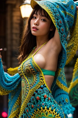 1girl, 8K UDR, Super Detailed, Beautiful and Aesthetic, Masterpiece, Top Quality, (Zentangle, Mandala, Tangle, Tangle dress), (Fractal Art:1.3), Highly Detailed, Dynamic Angle, Cowboy Shot, the most beautiful form chaos, elegant, brutalist design, bright colors, red, cyan, yellow, green, romanticism ,photorealistic:1.3, best quality, masterpiece, MikieHara,pp_v3