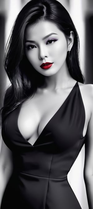 24 years old lady,(best quality, 4k,8k, high resolution, masterpiece: 1.2), ultra detailed, black and white, elegant pose, feminine charm, (mysterious, attractive: 1.3) light_purple eyes and red lips, slim hourglass figure, elegant curves, captivating beauty, artistic expression, dramatic lighting, contrast, fine details, implied sensuality, twisted silhouette, elegance, mood, fluid lines, high contrast, fine art, monochrome, contemporary, sophisticated, innovative, silhouette, visual poetry, creative composition, stunning visual effect, Unique Masterpiece, C_pen_v1, (((monochrome,grayscale,masterpiece, ink))) , white background,CoG_v2