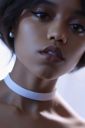 young jenxortega nude, seductive face, looking at viewer, medium brown skin, small breasts, young face, mouth closed, ,dark nipples. face in focus, small white choker, score_9,score_8_up,score_7_up,FROM BELOW,POVSIT