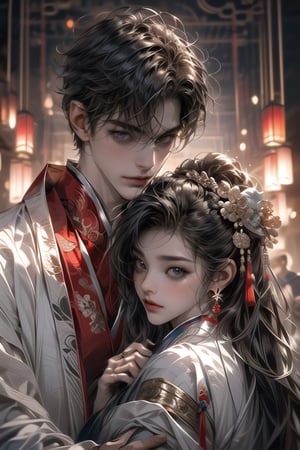 (MALE-FEMALE_COUPLE:1.5)(extreamly delicate and beautiful:1.2), 8K, (tmasterpiece, best:1.2),(LONG_HAIR_COUPLE:1.5), Upper body, a long_haired male with gorgeous girl, cool and seductive,  (wears white hanfu:1.2),  and intricate detailing, finely eye and detailed face, Perfect eyes, Equal eyes, Fantastic lights and shadows、( Uses BOY+backlight and rim light, man,holding a GIRL) Handsome Thai Men, gorgeous_face,face to face,midjourney,ancient chinese style,look at each other,wears black hanfu,long black hair,don't draw fingers 
