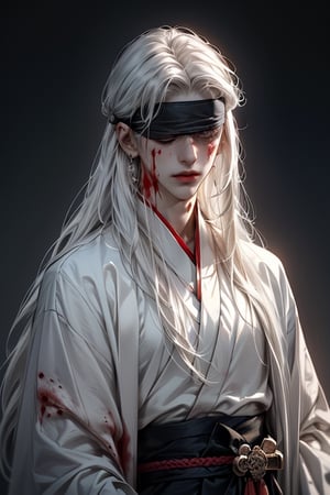 (WHITE_HAIRED_MALE_with_bloody_wounds_on_his_face holding_ancient_sword:1.5) (blindfolded with silve_embroidere_ BLUE_silk_ribbon in front of his eyes:1.5), best quality, masterpiece, beautiful and aesthetic, 16K, (HDR:1.4), high contrast, (vibrant color:0.5), (muted colors, dim colors, soothing tones:1.3), Exquisite details and textures, cinematic shot, Cold tone, (Dark and intense:1.2), wide shot, ultra realistic illustration, 
(extreamly delicate and beautiful:1.2), 8K, (tmasterpiece, best:1.2), (LONG_WHITE_HAIR_MALE:1.5), (PERFECT SYMMETRICAL BLUE EYES:0), a long_haired masculine male, cool and determined, evil_gaze, (wears white hanfu:1.2), (BLOODY_FACE blindfolded:1.5) and intricate detailing, finely eye and detailed face, Perfect eyes, Equal eyes, Fantastic lights and shadows、finely detail,Depth of field,,cumulus,wind,insanely NIGHT SKY,very long hair,Slightly open mouth, long SILVER-WHITE hair,slender waist,,Depth of field, angle ,contour deepening,cinematic angle ,Enhance,wears white hanfu,ancient chinese style,White eye mask,All white tones