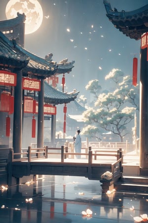 outdoors, sky, cloud, water, tree, no humans, building, scenery, reflection, lantern, stairs, architecture, east asian architecture,Chinese Architecture,blue moon, blue lotus pond,Surreal composition,White flowers and falling petals,Looking down,more Chinese Architecture