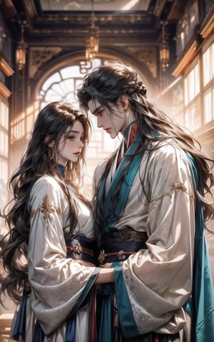 (MALE-FEMALE_COUPLE:1.5)(extreamly delicate and beautiful:1.2), 8K, (tmasterpiece, best:1.0), , (LONG_HAIR_MALE:1.5), Upper body, a long_haired male, cool and seductive, evil_gaze, (wears white hanfu:1.2), and intricate detailing, and intricate detailing, finely eye and detailed face, Perfect eyes, Equal eyes, Fantastic lights and shadows、white room background、 Uses backlight and rim light,wind blowing hair,ancient chinese style,wears light blue hanfu,smile,look at each other,long_hair male,long black hair 