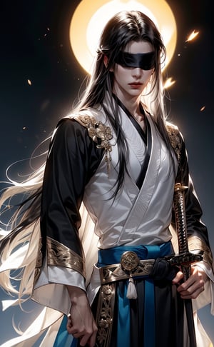 (BLACK_HAIRED_MALE_holding_ancient_sword:1.5) (blindfolded with silve_embroidere_ BLUE_silk_ribbon in front of his eyes:1.5), best quality, masterpiece, beautiful and aesthetic, 16K, (HDR:1.4), high contrast, (vibrant color:0.5), (muted colors, dim colors, soothing tones:1.3), Exquisite details and textures, cinematic shot, Cold tone, (Dark and intense:1.2), wide shot, ultra realistic illustration, siena natural ratio, Art by Luis Royo and Gustave Moreau, (MARTIAL ART POSE:1.4)
(extreamly delicate and beautiful:1.2), 8K, (tmasterpiece, best:1.2), (LONG_BLACK_HAIR_MALE:1.5), (PERFECT SYMMETRICAL BLUE EYES:0), a long_haired masculine male, cool and determined, evil_gaze, (wears black and white hanfu 1.2)and intricate detailing, finely eye and detailed face, Perfect eyes, Equal eyes, Fantastic lights and shadows、finely detail,Depth of field,,cumulus,wind,insanely NIGHT SKY,very long hair,Slightly open mouth, long SILVER-WHITE hair,slender waist,,Depth of field, angle ,contour deepening,cinematic angle ,Enhance