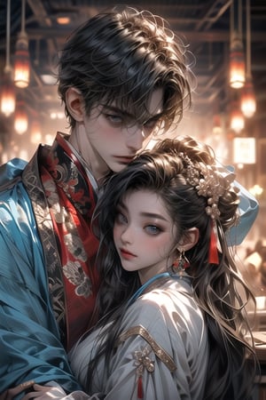 (MALE-FEMALE_COUPLE:1.5)(extreamly delicate and beautiful:1.2), 8K, (tmasterpiece, best:1.2),(LONG_HAIR_COUPLE:1.5), Upper body, a long_haired male with gorgeous girl, cool and seductive,  (wears white hanfu:1.2),  and intricate detailing, finely eye and detailed face, Perfect eyes, Equal eyes, Fantastic lights and shadows、( Uses BOY+backlight and rim light, man,holding a GIRL) Handsome Thai Men, gorgeous_face,face to face,midjourney,ancient chinese style,look at each other,wears light blue hanfu,long_hair_male