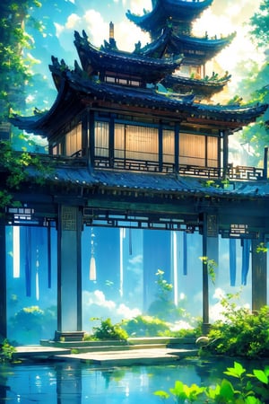 outdoors, sky, cloud, tree, no humans, building, scenery, reflection, lantern, stairs, architecture, east asian architecture,Chinese Architecture,blue moon, Surreal composition,Buildings scattered high and low,looking down from the sky, looking down, overlooking perspective,morning sky,Picture from top to bottom,Many green plants
