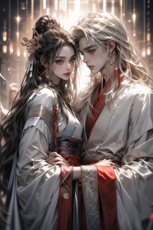 (MALE-FEMALE_COUPLE:1.5)(extreamly delicate and beautiful:1.2), 8K, (tmasterpiece, best:1.2),(LONG_HAIR_COUPLE:1.5), Upper body, a long_haired male with gorgeous girl, cool and seductive,  (wears white hanfu:1.2),  and intricate detailing, finely eye and detailed face, Perfect eyes, Equal eyes, Fantastic lights and shadows、( Uses BOY+backlight and rim light, man,holding a GIRL) Handsome Thai Men, gorgeous_face,face to face,midjourney,ancient chinese style,look at each other,wears blue hanfu,long_hair_male