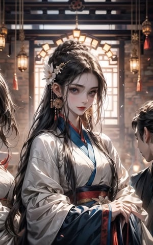 2 people, 1 female and 1male,face to face(extreamly delicate and beautiful:1.2), 8K, (tmasterpiece, best:1.0), , (LONG_HAIR_FEMALE:1.5), Upper body, a long_haired male, cool and seductive, evil_gaze, (wears white hanfu:1.2), and intricate detailing, and intricate detailing, finely eye and detailed face, Perfect eyes, Equal eyes, Fantastic lights and shadows、white room background、 Uses backlight and rim light,wind blowing hair,ancient chinese style,wears light blue hanfu,smile,perfect background 