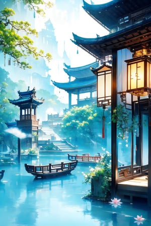 outdoors, sky, cloud, water, tree, no humans, building, scenery, reflection, lantern, stairs, architecture, east asian architecture,Chinese Architecture,blue moon, blue lotus pond,Surreal composition