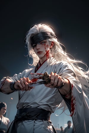 (WHITE_HAIRED_MALE_with_bloody_wounds_on_his_face holding_ancient_sword:1.5) (blindfolded with silve_embroidere_ BLUE_silk_ribbon in front of his eyes:1.5), best quality, masterpiece, beautiful and aesthetic, 16K, (HDR:1.4), high contrast, (vibrant color:0.5), (muted colors, dim colors, soothing tones:1.3), Exquisite details and textures, cinematic shot, Cold tone, (Dark and intense:1.2), wide shot, ultra realistic illustration, siena natural ratio, (MARTIAL ART POSE:1.4)
(extreamly delicate and beautiful:1.2), 8K, (tmasterpiece, best:1.2), (LONG_WHITE_HAIR_MALE:1.5), (PERFECT SYMMETRICAL BLUE EYES:0), a long_haired masculine male, cool and determined, evil_gaze, (wears white hanfu:1.2), (BLOODY_FACE blindfolded:1.5) and intricate detailing, finely eye and detailed face, Perfect eyes, Equal eyes, Fantastic lights and shadows、finely detail,Depth of field,,cumulus,wind,insanely NIGHT SKY,very long hair,Slightly open mouth, long SILVER-WHITE hair,slender waist,,Depth of field, angle ,contour deepening,cinematic angle ,Enhance,wears white hanfu,ancient chinese style,White eye mask,All white tones