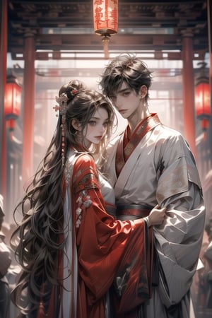 (MALE-FEMALE_COUPLE:1.5)(extreamly delicate and beautiful:1.2), 8K, (tmasterpiece, best:1.2),(LONG_HAIR_COUPLE:1.5), Upper body, a long_haired male with gorgeous girl, cool and seductive,  (wears white hanfu:1.2),  and intricate detailing, finely eye and detailed face, Perfect eyes, Equal eyes, Fantastic lights and shadows、( Uses BOY+backlight and rim light, man,holding a GIRL) Handsome Thai Men, gorgeous_face,face to face,midjourney,ancient chinese style,look at each other,wears black hanfu
