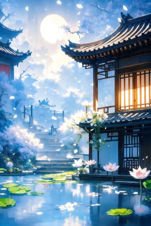 outdoors, sky, cloud, water, tree, no humans, building, scenery, reflection, lantern, stairs, architecture, east asian architecture,Chinese Architecture,blue moon, blue lotus pond,Surreal composition,White flowers and falling petals