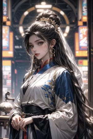 1female,(extreamly delicate and beautiful:1.2), 8K, (tmasterpiece, best:1.0), , (LONG_HAIR_FEMALE:1.5), Upper body, a long_haired female, cool and seductive, evil_gaze,  (wears white hanfu:1.2), and intricate detailing, and intricate detailing, finely eye and detailed face, Perfect eyes, Equal eyes, Fantastic lights and shadows、white room background、 Uses backlight and rim light,Slightly side face,wind blowing hair