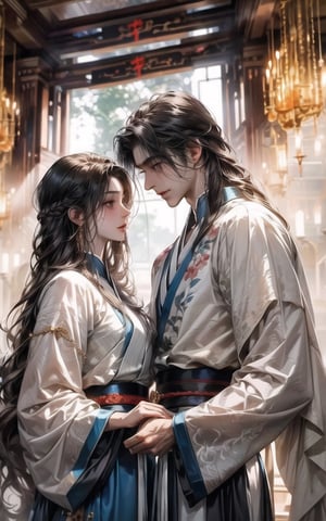 (MALE-FEMALE_COUPLE:1.5)(extreamly delicate and beautiful:1.2), 8K, (tmasterpiece, best:1.0), , (LONG_HAIR_MALE:1.5), Upper body, a long_haired male, cool and seductive, evil_gaze, (wears white hanfu:1.2), and intricate detailing, and intricate detailing, finely eye and detailed face, Perfect eyes, Equal eyes, Fantastic lights and shadows、white room background、 Uses backlight and rim light,wind blowing hair,ancient chinese style,wears light blue hanfu,smile,look at each other,long_hair male,long black hair 