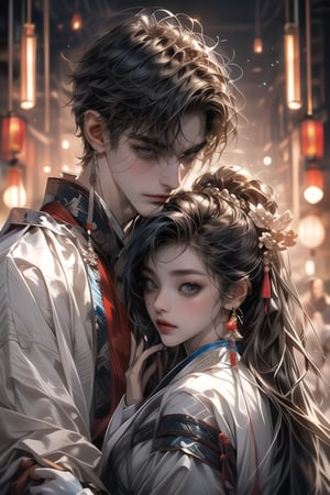 (MALE-FEMALE_COUPLE:1.5)(extreamly delicate and beautiful:1.2), 8K, (tmasterpiece, best:1.2),(LONG_HAIR_COUPLE:1.5), Upper body, a long_haired male with gorgeous girl, cool and seductive,  (wears white hanfu:1.2),  and intricate detailing, finely eye and detailed face, Perfect eyes, Equal eyes, Fantastic lights and shadows、( Uses BOY+backlight and rim light, man,holding a GIRL) Handsome Thai Men, gorgeous_face,face to face,midjourney,ancient chinese style,look at each other,wears blue hanfu,long_hair_male,don't draw fingers