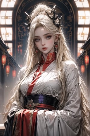 1female,(extreamly delicate and beautiful:1.2), 8K, (tmasterpiece, best:1.0), , (LONG_HAIR_FEMALE:1.5), Upper body, a long_haired female, cool and seductive, evil_gaze,  (wears white hanfu:1.2), and intricate detailing, and intricate detailing, finely eye and detailed face, Perfect eyes, Equal eyes, Fantastic lights and shadows、white room background、 Uses backlight and rim light,wind blowing hair,ancient chinese style