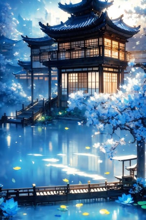 outdoors, Night sky, cloud, water, tree, no humans, building, scenery, reflection, lantern, stairs, architecture, east asian architecture,Chinese Architecture,blue moon, blue lotus pond,Surreal composition,Buildings scattered high and low,looking down from the sky, looking down, overlooking perspective,Picture from top to bottom,White flowers and falling petals,perspective