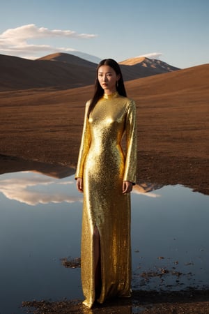 photo of a Mongolian woman wearing a golden shiny haute couture dress that shows a mirror reflection of the Mongolian landscape around the model, golden crown, reflections, fire on the ground that reflect warmth in her face --ar 2:3