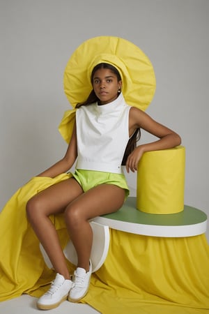 A teenage girl sitting on top of a yellow sheet, in the style of deconstructed tailoring, white and green, oversized objects, organic and fluid, colab, eccentric detail placements